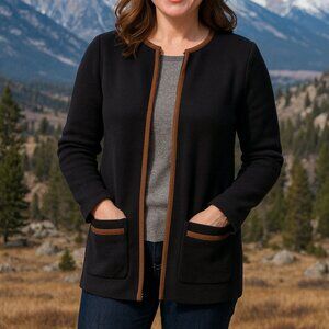 VTG Lauren Ralph Lauren Black Zip Front Cardigan Sweater Brown Trim S Quiet Lux